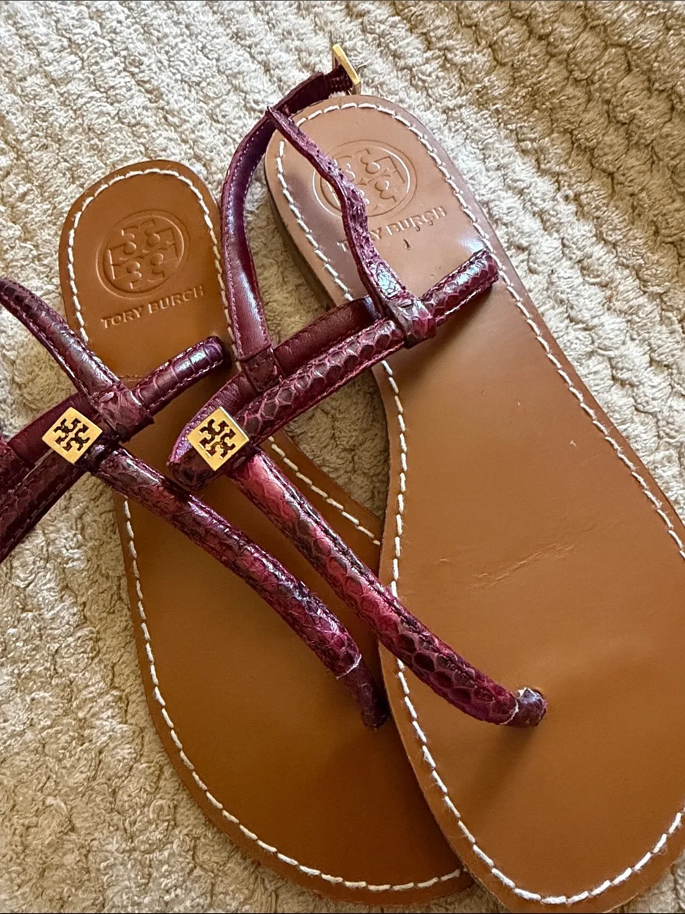 Tory Burch Alfie Snakeskin Leather Sandals with Gold Logo